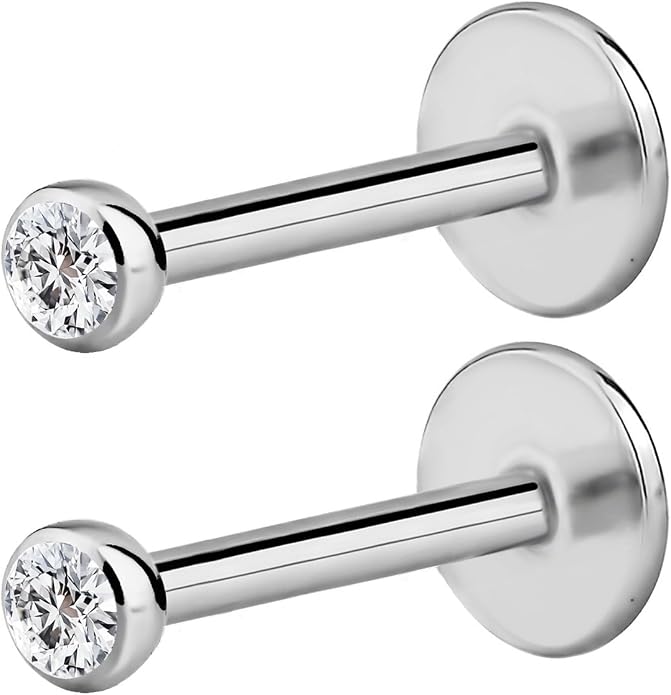Forbidden Body Jewelry Surgical Steel Earrings Internally Threaded Micro CZ Gem Top Tragus/Helix/Labret Stud with 2mm Top 18G (4mm-10mm)