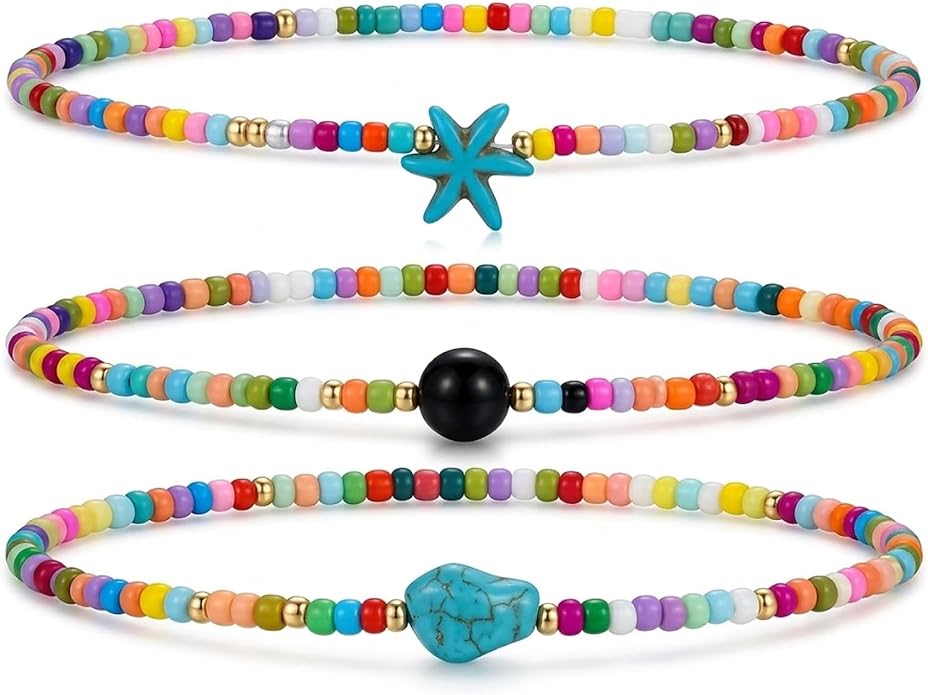 ASIJUNTYECHO Colorful Beaded Anklet Set | 3 Pcs Summer Beach Anklets, Western Turquoise Star & Shell Beaded Anklet Jewelry for Vacation, Boho & Everyday Wear
