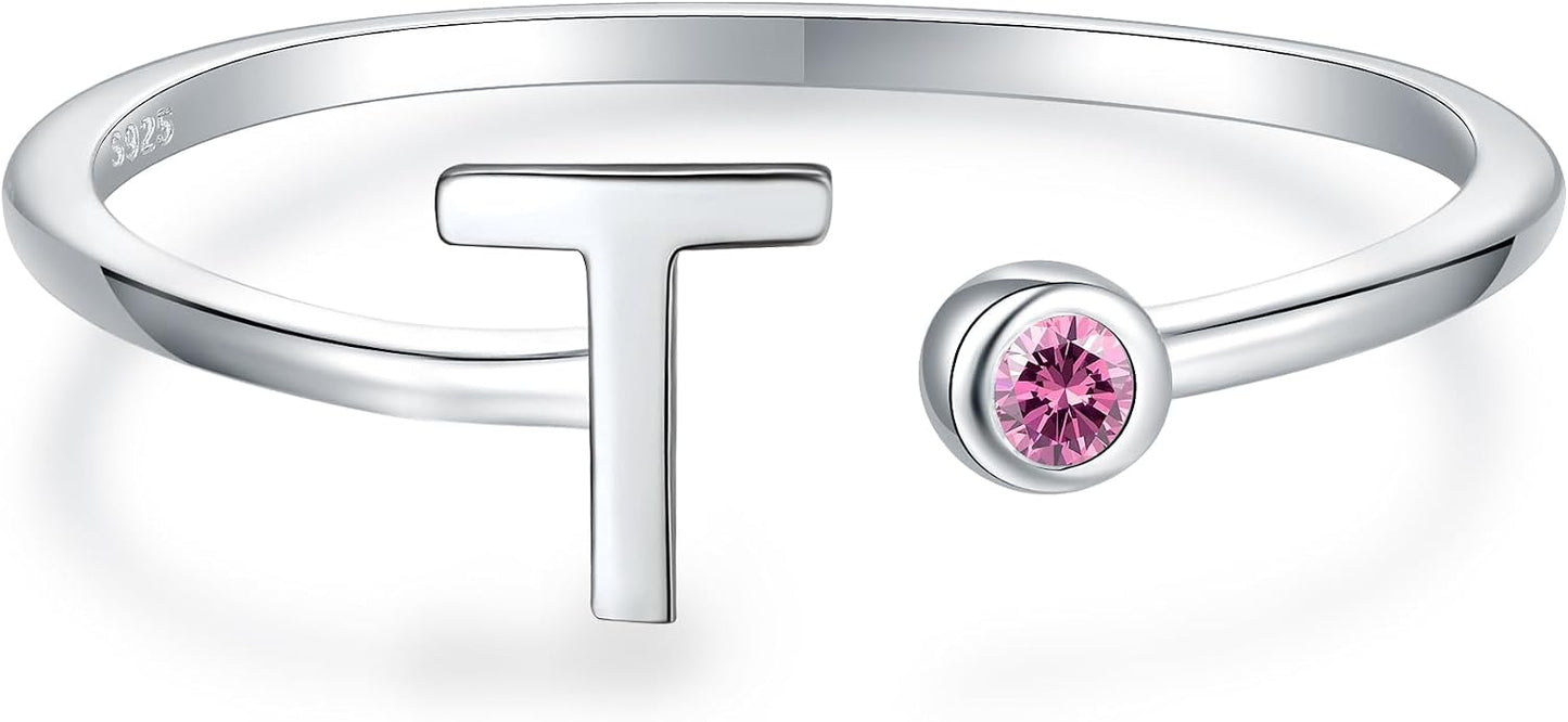 925 Sterling Silver Initial Letter Birthstone Rings for Women Adjustable 1-12 Month Birthstone Alphabet Stacking Ring for Teens Girls Stackable Birthstone Rings Birthday Jewelry Gift for Daughter Mom