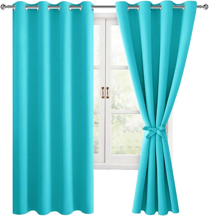 Hiasan Blackout Curtains for Bedroom, 52 x 63 Inches Length - Thermal Insulated & Light Blocking Window Curtains for Living Room, 2 Drape Panels Sewn with Tiebacks, Turquoise