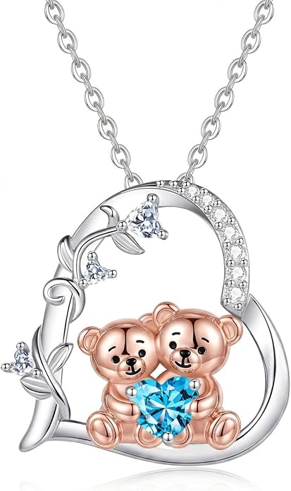 PELOVNY Teddy Bear Necklace for Women 925 Sterling Silver Bear/Highland Cow/Fox/Cat/Axolotl Birthstone Necklace Christmas Birthday Jewelry Gifts for Mom Daughter Wife Sister