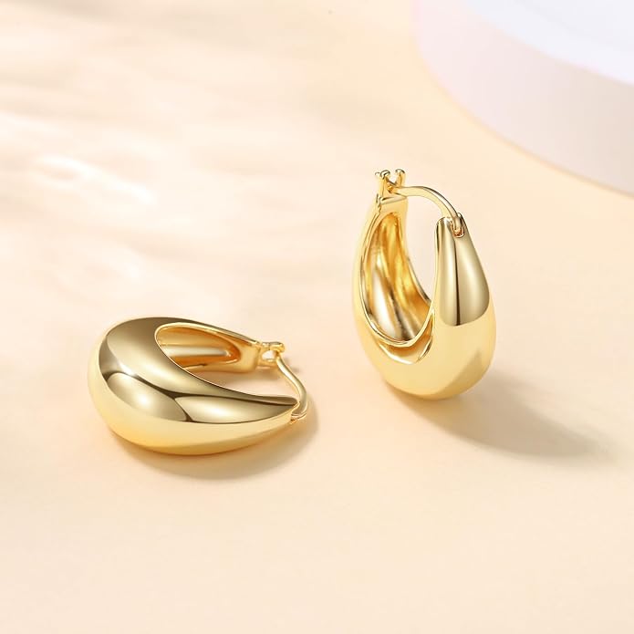14K Gold Chunky Earrings for Women - Vintage Textured Huggie Sleeper Earrings, Lightweight Hypoallergenic Statement Earrings for Sensitive Ears