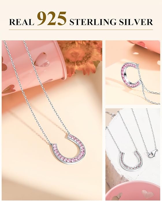 Luck Horseshoe Necklace 14K Gold Plated/Sterling Silver Created Gemstone Pendant with Chain Channel Set U Shaped Charm Necklace Birthstone Jewelry