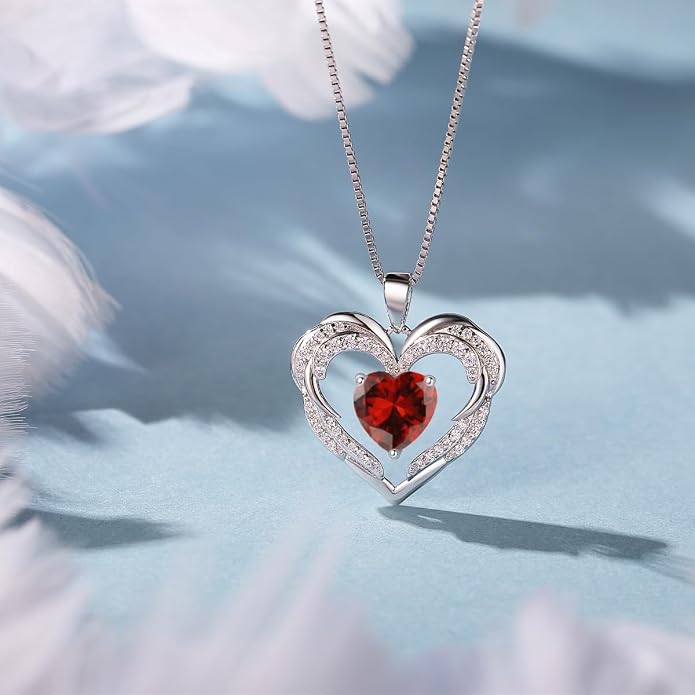 Heart Necklaces for Women Mother's day Gifts, Birthstone 925 Sterling Silver Angel Wings Love Pendant Necklaces for Women, Jewelry Gifts for Wife, Anniversary, Birthday