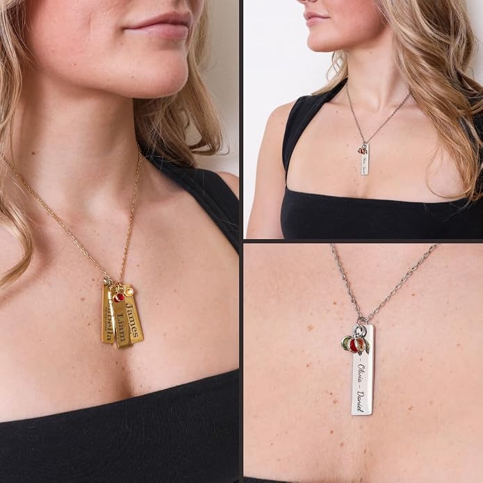Custom Engraved 3D Vertical Pillar Bar Necklace – Personalized Name Pendant – 1 to 4 Sides – Non-Tarnish Stainless Steel – Gold/Silver – Adjustable Chain – Gift for Her, Mom/Dad With Kids Names