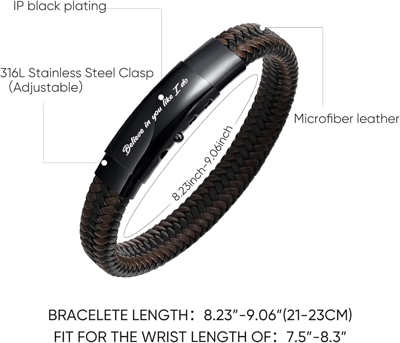 VNOX Men's Inspirational Mantra Engarved Handmade Braided Leather Adjustable Cuff Bangle Bracelet Encouragement Motivational Gift for Men