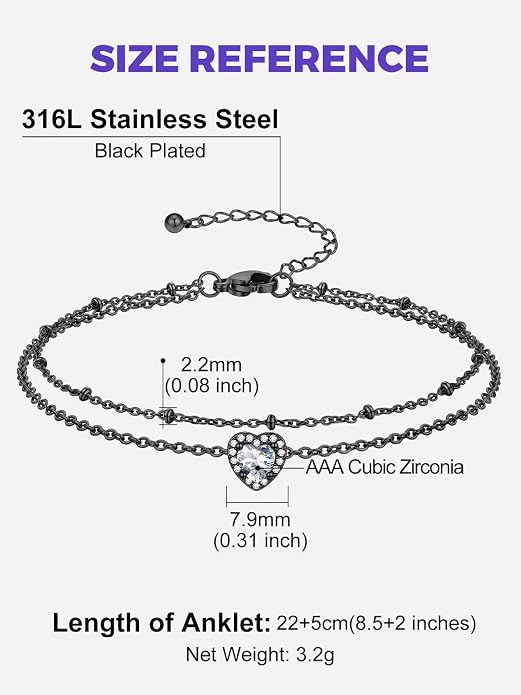 Richsteel Double Layer Heart/Butterfly Birthstone Anklet for Women Non Tarnish Waterproof, Silver/Gold/Black Stainless Steel 8.5-10.5 Inch Adjustable Chain Anklets Jewelry Gifts for Her