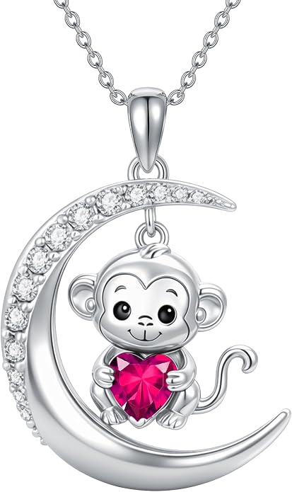 PROESS Animal Birthstone Necklace 925 Sterling Silver Otter/Axolotl/Hippo/Elephant/Dachshund/Monkey/Red Panda Pendant Necklace Animal Birthstone Jewelry Gifts for Women
