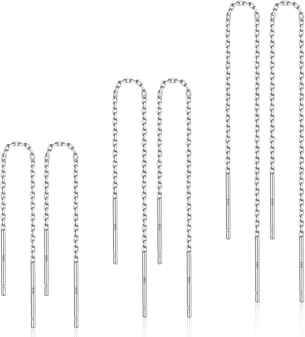 3 Pairs Threader Earrings 925 Sterling Silver Long Chain Earrings Bar/Ball Wrap Threader Drop Earrings for Women Lightweight Minimalist Mother's Day Jewelry Set