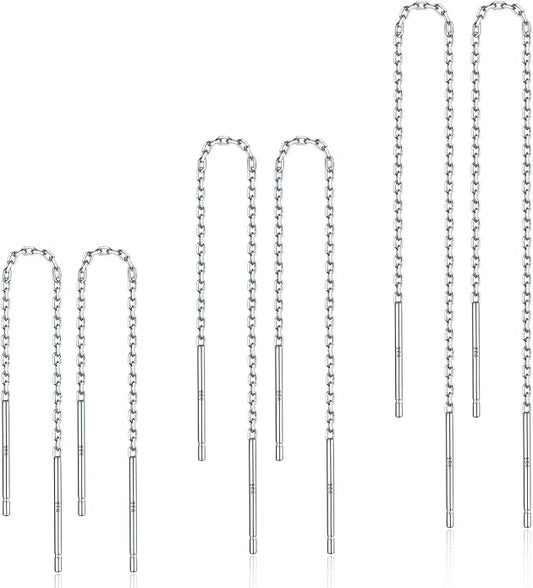 3 Pairs Threader Earrings 925 Sterling Silver Long Chain Earrings Bar/Ball Wrap Threader Drop Earrings for Women Lightweight Minimalist Mother's Day Jewelry Set