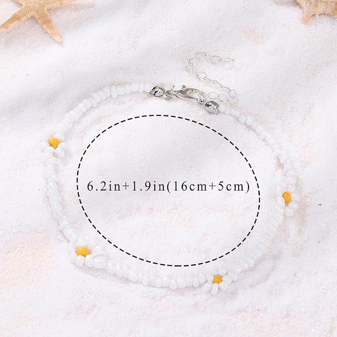 Beaded Chain Ankle Bracelets for Women Waterproof Sunflower Anklets Beachy Vacation Foot Jewelry Gifts
