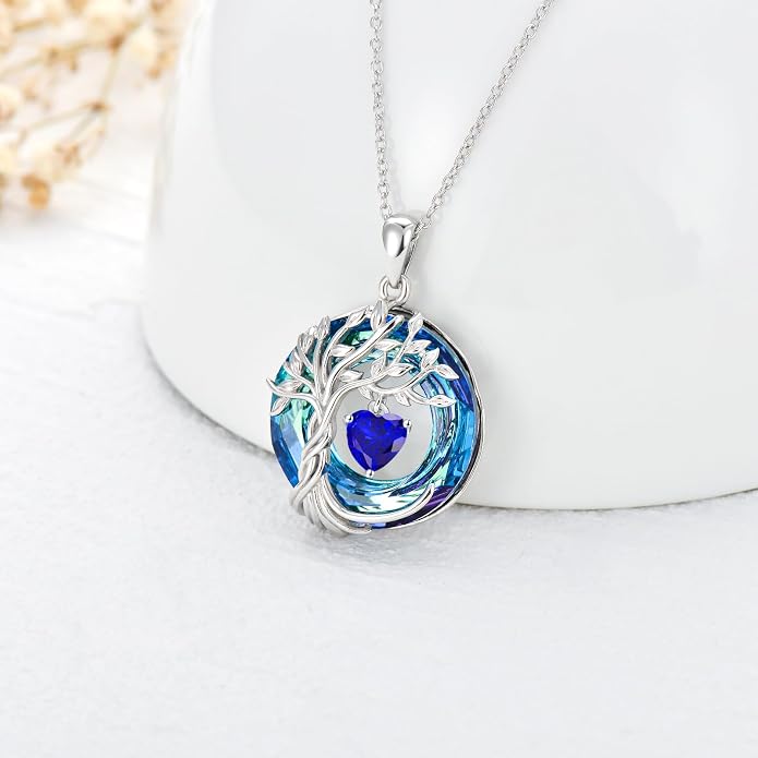 TOUPOP Tree of Life Birthstone Necklaces 925 Sterling Silver Irish Celtic Tree Pendant with Blue Crystal Birthday Jewelry Gifts for Women Mom Wife Her