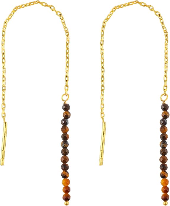 Natural Gemstone Threader Earrings for Women - Dainty 2mm Faceted Beads - Birthstone Crystal Drop Earrings - Silver Plated Healing Jewelry