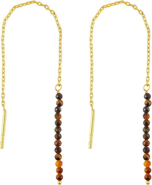 Natural Gemstone Threader Earrings for Women - Dainty 2mm Faceted Beads - Birthstone Crystal Drop Earrings - Silver Plated Healing Jewelry