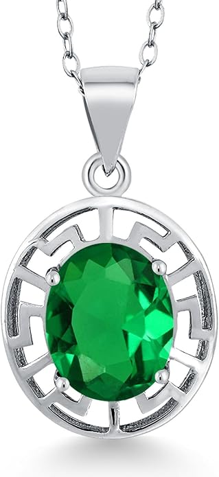 Gem Stone King 925 Sterling Silver 10X8MM Oval Gemstone Birthstone Necklace | Greek Key Pendant Necklace for Women | With 18 Inch Silver Chain