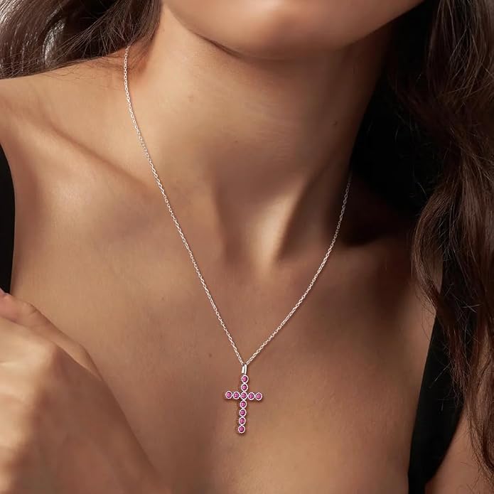 Sterling Silver Cross Necklace for Women Birthstone Religious Jewelry