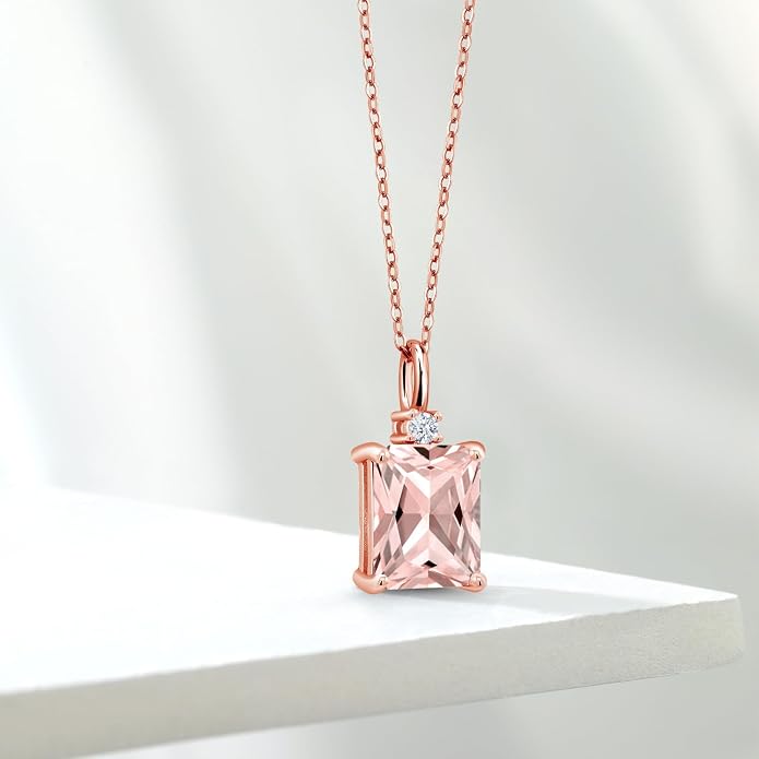 Gem Stone King 925 Sterling Silver Gemstone Birthstone Pendant Necklace for Women | Emerald Cut 10X8MM and Round 2MM | With 18 Inch Chain | Fine Jewelry for Her Mom Wife