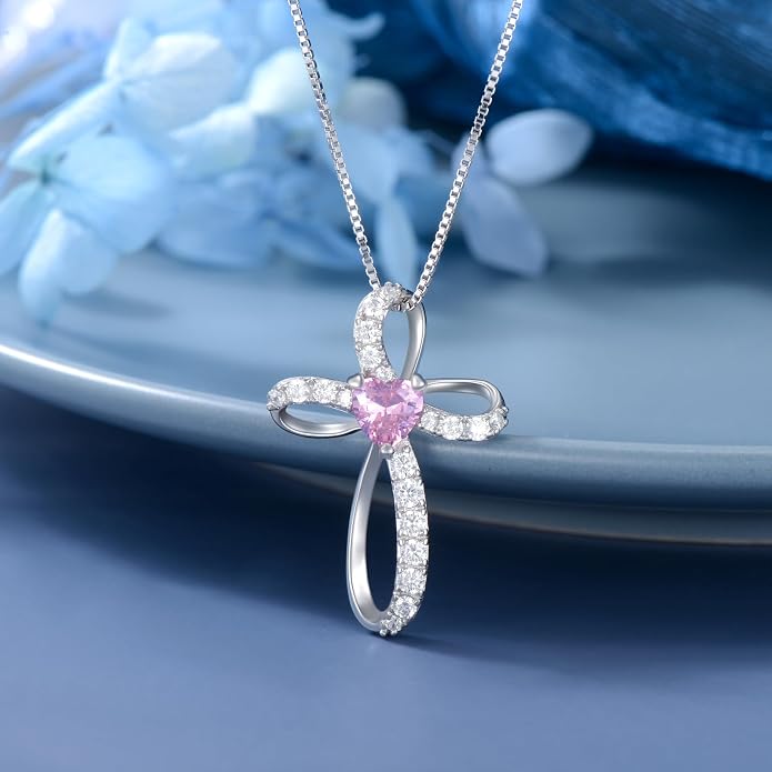 AENEAS Sterling Silver Cross Necklace for Women Birthstone Necklace Cross Necklace Birthstone Jewelry Gifts for Birthday Mothers Day