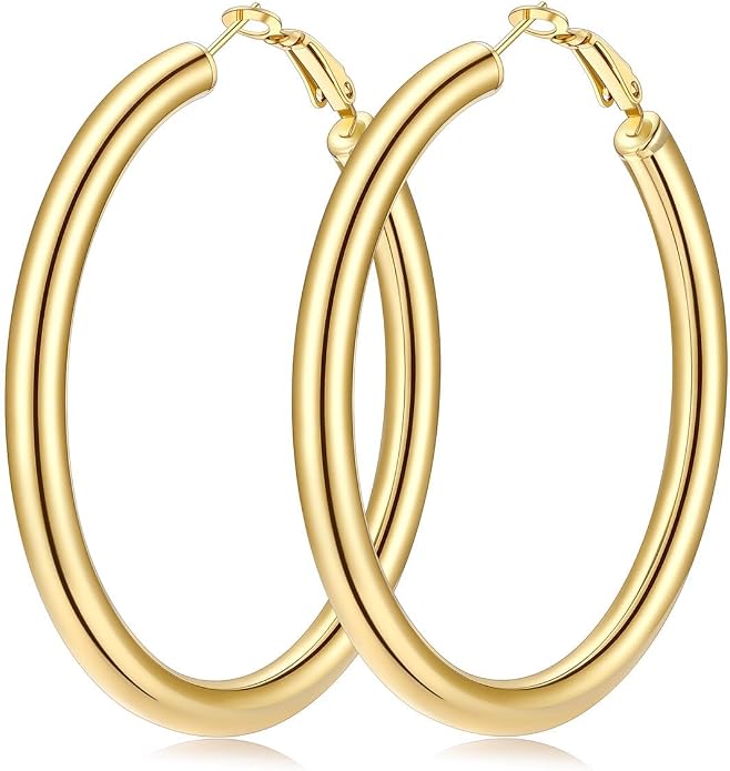 FaithHeart Chunky Hoop Earrings for Women, Silver/Black/14K Gold Plated Stainless Steel Earrings 5mm Thick Hollow Tube Hoops Hypoallergenic Lightweight Earring 20/30/40/50/60/70/80mm