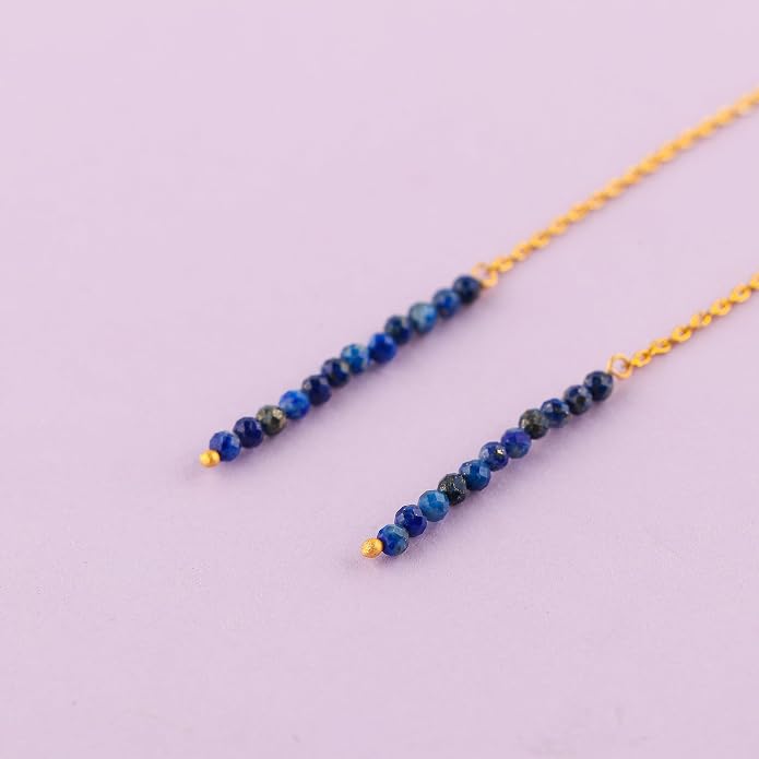 Natural Gemstone Threader Earrings for Women - Dainty 2mm Faceted Beads - Birthstone Crystal Drop Earrings - Silver Plated Healing Jewelry