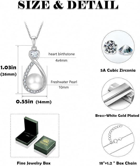 Heart Birthstone Pearl Pendant Necklace, 925 Sterling Silver Infinity Necklace with 10mm Freshwater Cultured Pearl & 4mm Gemstone Jewelry for Women
