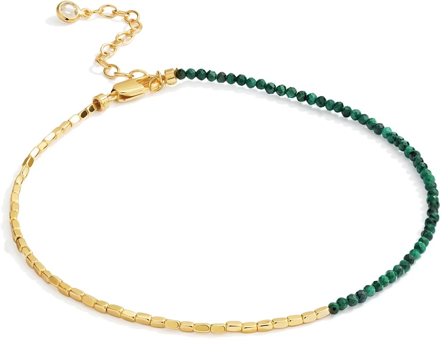 DREMMY STUDIOS Gold Anklet Bracelets for Women 14K Gold Plated Stone Handmade Beaded Link Chain Anklets Jewelry Gift