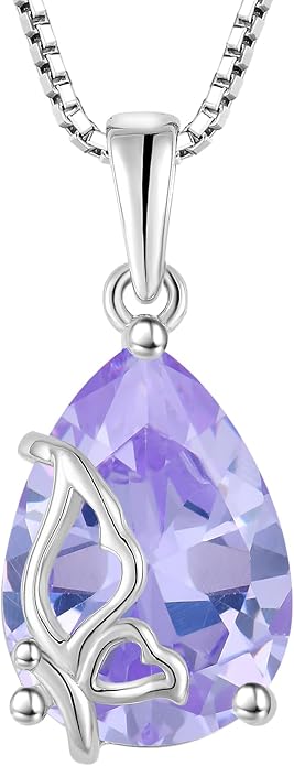 Teardrop Necklace 925 Sterling Silver Butterfly Pendant Necklace Birthstone Jewelry for Women