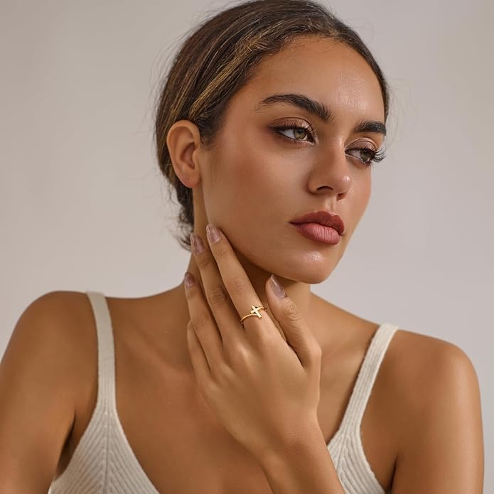 Gold Cross Statement Rings for Women 14K Gold Silver Tone Non Tarnish Cute Band High Polished Smooth Comfort Fit Size 5-10