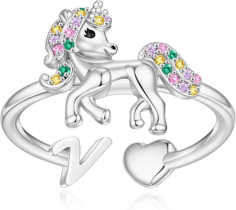 Unicorn Initial Rings for Teen Girls, Rose Gold/White Gold Plated Heart Initial Rings for Girls Adjustable Stackable Rings for Women Diny Heart Ring for Teen Girls Gifts Unicorns Gifts for Girls