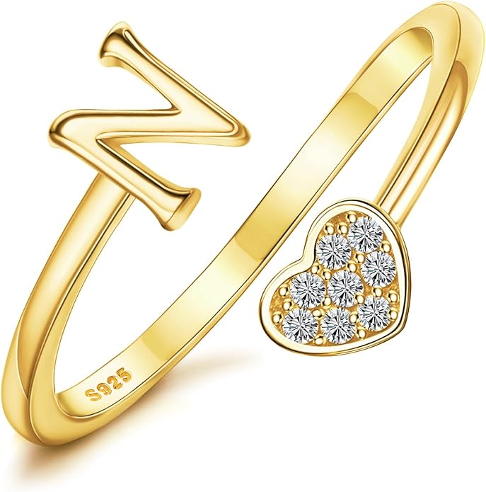 MILACOLATO 925 Sterling Silver Initial Rings for Women Teen Girl 18K Gold Plated Heart Initial Rings Adjustable Capital Letter Ring Stackable Thumb Pinky Rings for Daughter Birthday Bridesmaid Gifts Jewelry, A to Z