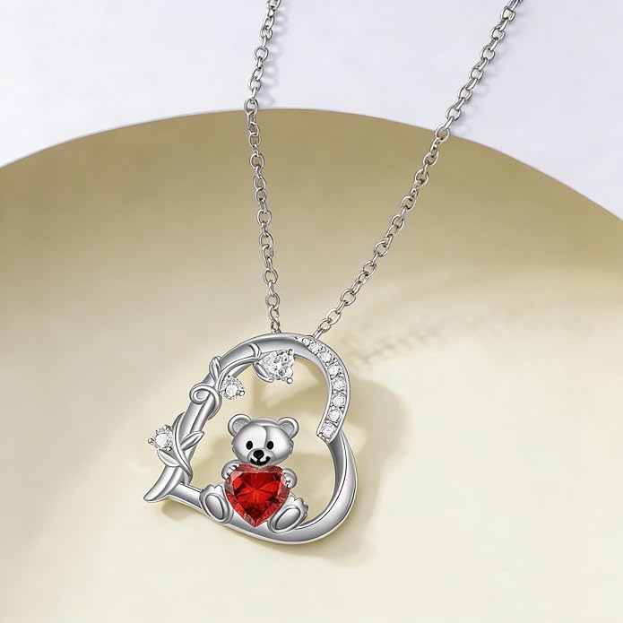 PELOVNY Teddy Bear Necklace for Women 925 Sterling Silver Bear/Highland Cow/Fox/Cat/Axolotl Birthstone Necklace Christmas Birthday Jewelry Gifts for Mom Daughter Wife Sister