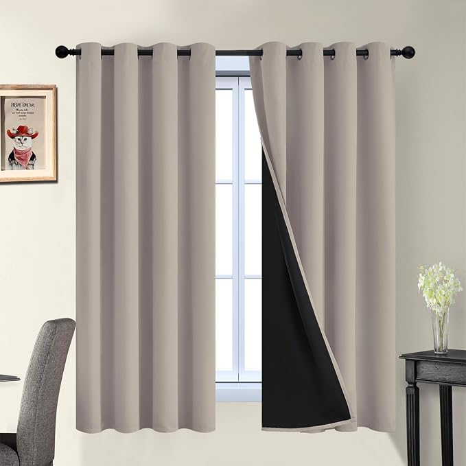 Yakamok Natural Blackout Curtains 63 Inches Long for Bedroom 52" Wide 2 PCS | Blackout Curtain Panels for Bedroom, 2 Thick Layers Grommet Top Thermal Insulated Drapes with Black Liner for Living Room