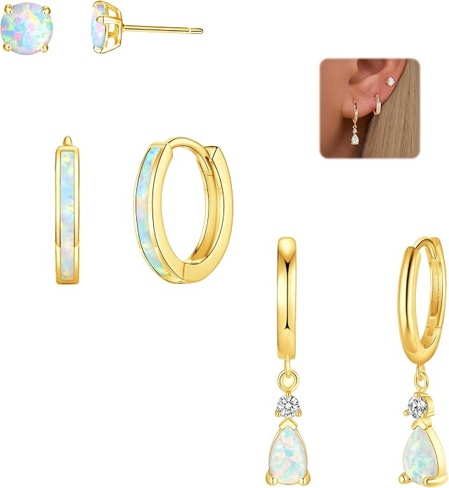 CiNily Opal Earrings Set for Women Hypoallergenic, Opal Stud Huggie Hoop Earrings Silver/Rose Gold Plated Dainty Hoop Huggie Silver Dangle Earring Stacks, Gold Jewelry