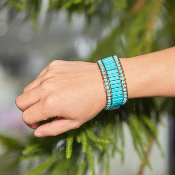 YGLINE Boho Handmade Natural Stone Bead 3 Row Wide Wrap Wrist Statment Bracelet Jewelry Collection