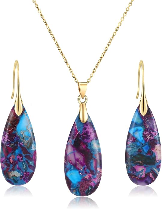 Kingdder Natural Stone Jewelry Set for Women Imperial Healing Stone Necklace Colorful Teardrop Dangle Earings Boho Jewelry