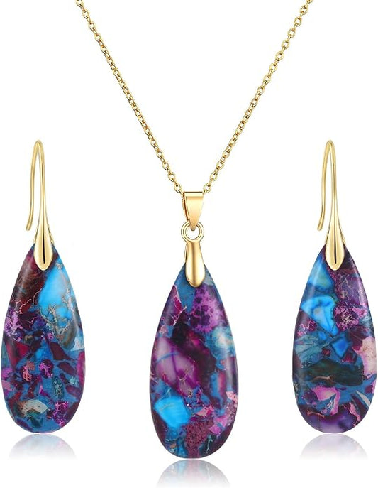 Kingdder Natural Stone Jewelry Set for Women Imperial Healing Stone Necklace Colorful Teardrop Dangle Earings Boho Jewelry