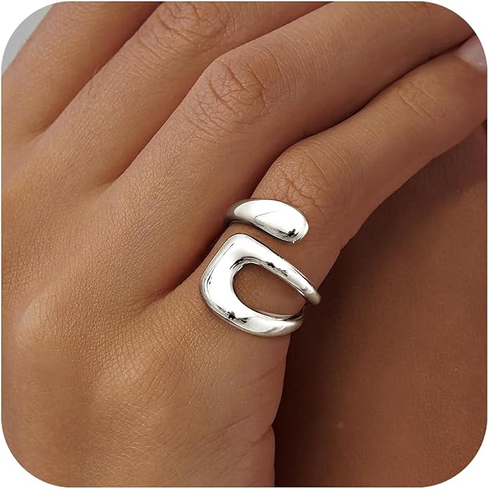 Gelbesty Waterproof Gold Statement Rings for Women, 14K Gold Plated Chunky Open Stackable Rings Non Tarnish Fashion Adjustable Stainless Steel Pinky Knuckle Signet Vintage Ring Jewelry Size 5-11