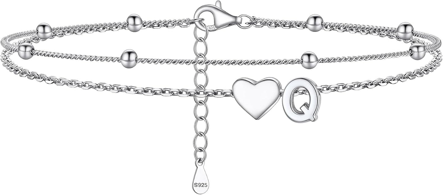 PROSILVER Ankle Bracelets for Women S925 Sterling Silver Anklets for Women Waterproof, Dainty Layered Heart Anklet, Beach Initial Anklet for Summer, Letter A-Z