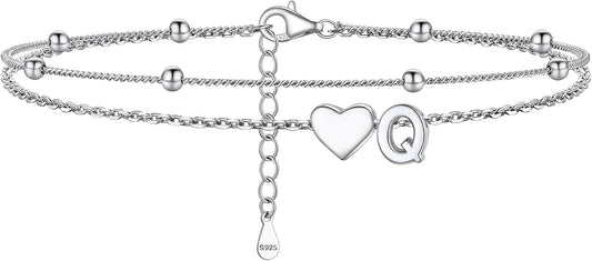 PROSILVER Ankle Bracelets for Women S925 Sterling Silver Anklets for Women Waterproof, Dainty Layered Heart Anklet, Beach Initial Anklet for Summer, Letter A-Z