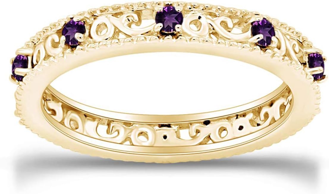 Jewel Zone US Filigree Eternity Wedding Band Ring for Women, Round Cut Simulated Gemstone Stackable Promise Ring in 14K Gold Plated 925 Sterling Silver Band Width 3.5mm – Elegant Jewelry for Her