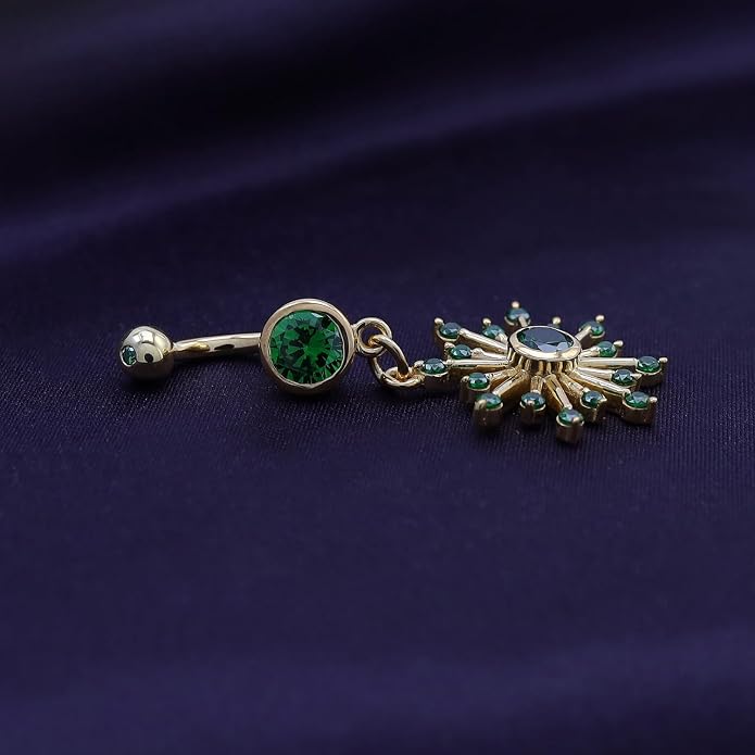 AFFY Snowflake Belly Button Ring for Women Simulated Birthstone, Round Cut Gemstone in 14K Gold Over 925 Sterling Silver, Navel Barbell Piercing Jewelry for Her