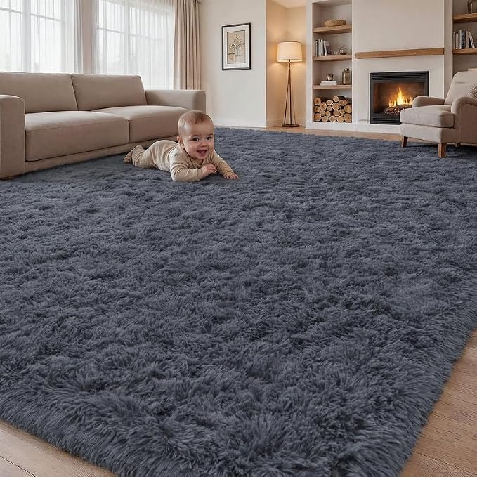 Area Rugs 9x12 Living Room Bedroom: Soft Fluffy Shag Rugs Upgrade Non-Slip High Pile Carpet Large Fuzzy Plush Indoor Floor Shaggy Carpets for Nursery Kid Playroom Office Dorms Home Decor Grey
