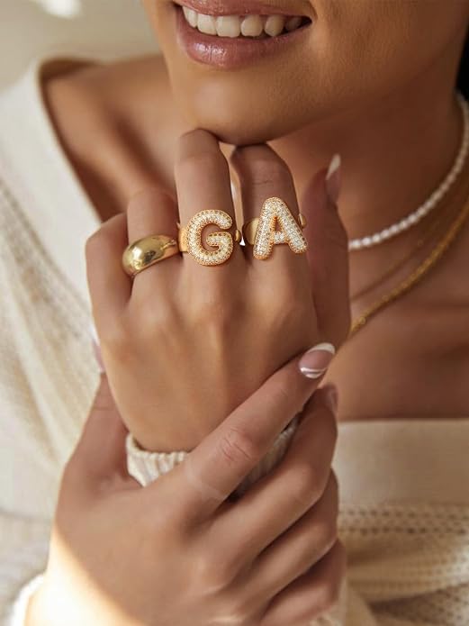 FindChic Initial Ring for Women, Gold Plated Chunky Letter Rings Open Adjustable Trendy Sparkling Cubic Zirconia Personalized Statement Rings Jewelry Gift