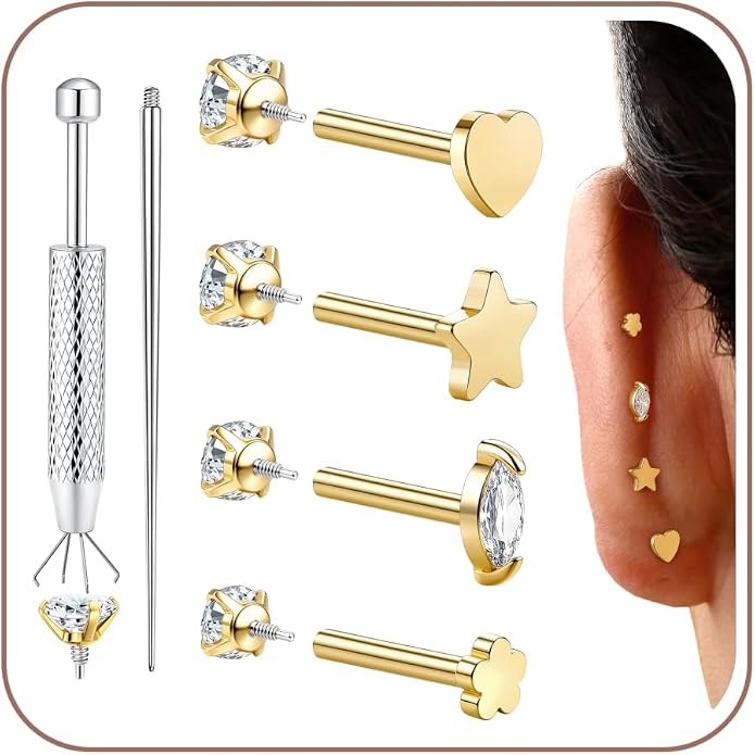 Drperfect 18G Reversible Flat Back Stud Earrings for Women Hypoallergenic Surgical Steel 14K Gold Silver Plated Internal Thread Stud Piercing Jewelry for Tragus Helix Cartilage Conch Piercing