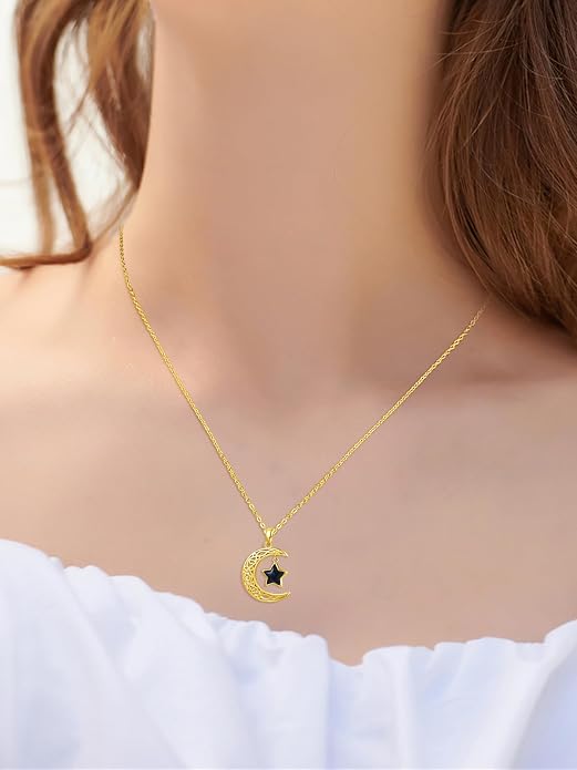 Dreamboat Sterling Silver Moon and Star Necklace Silver Crescent Moon Necklaces for Women Star Pendant Celestial Jewelry Gifts