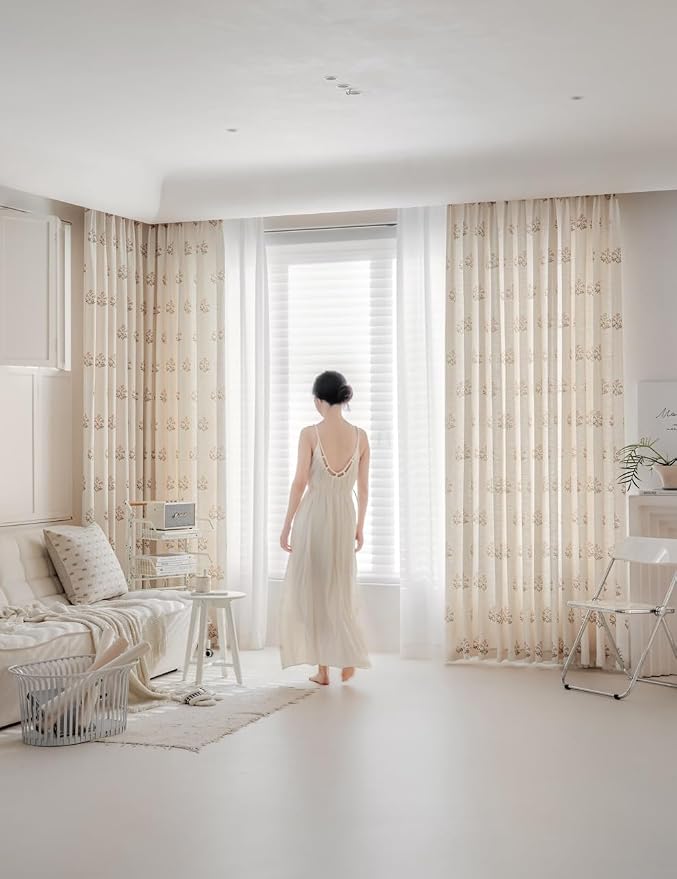 DrapePalette - Linen Blend Pinch Pleated Curtains 84 Inches Long for Living Room, Bedroom, Dining Room, Light Filtering Curtains 2 Panels Set, Modern Floral Printed Design, Beige White, 30" W x 84" L
