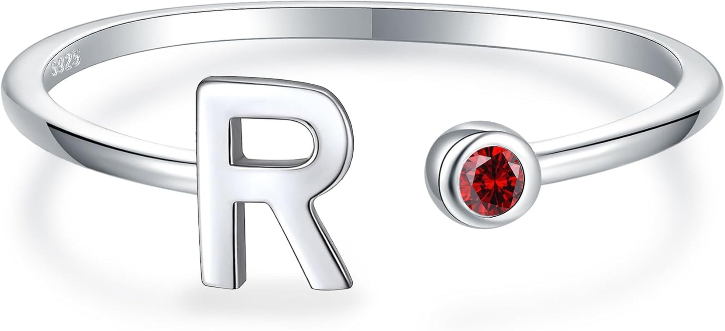 925 Sterling Silver Initial Letter Birthstone Rings for Women Adjustable 1-12 Month Birthstone Alphabet Stacking Ring for Teens Girls Stackable Birthstone Rings Birthday Jewelry Gift for Daughter Mom