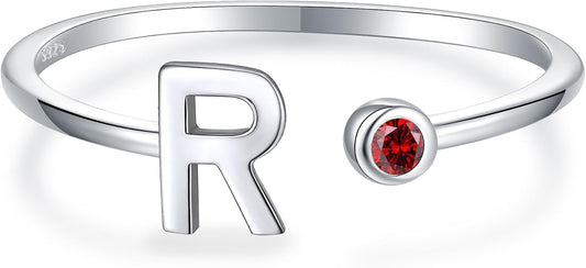 925 Sterling Silver Initial Letter Birthstone Rings for Women Adjustable 1-12 Month Birthstone Alphabet Stacking Ring for Teens Girls Stackable Birthstone Rings Birthday Jewelry Gift for Daughter Mom