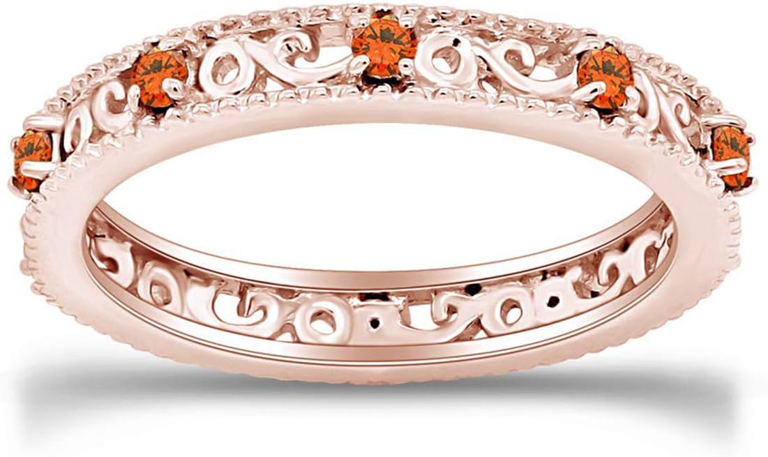Jewel Zone US Filigree Eternity Wedding Band Ring for Women, Round Cut Simulated Gemstone Stackable Promise Ring in 14K Gold Plated 925 Sterling Silver Band Width 3.5mm – Elegant Jewelry for Her