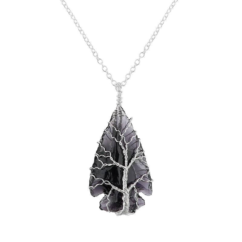 (3pcs) (Tree of Life Craft) Raw Purple Sea Glass Rough Crystals Pendant Necklace, Heart & Star & Arrow Shapes, Wire Wrapping, Women Jewelry, Dainty Silver Plated Chain 18 inch